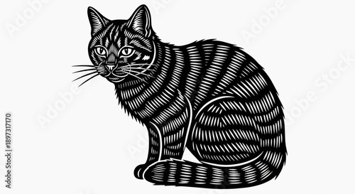 A black and white illustration of a sitting cat with a detailed striped pattern