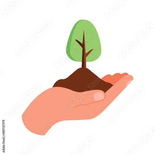Caring hands cupping a handful of dark soil with a small green sprout for gardening and ecology vector illustration.