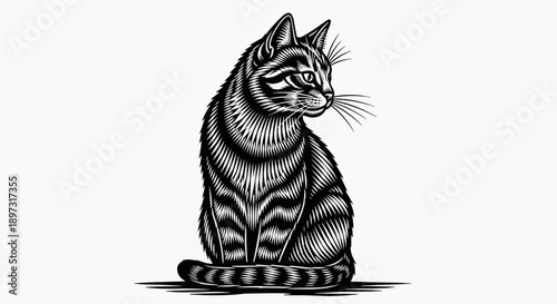 A black and white illustration of a sitting cat with detailed stripes and whiskers