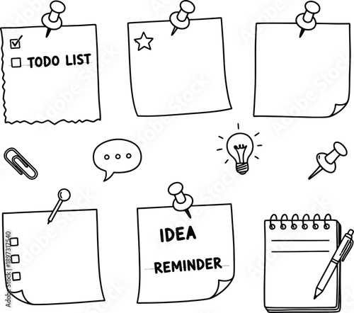 Sticky notes, doodles, notebook outline icons. Hand-drawn paper scraps and push pins for office reminder, school planner, task list. Simple sketch vector set of torn memo label vector isolated mockups