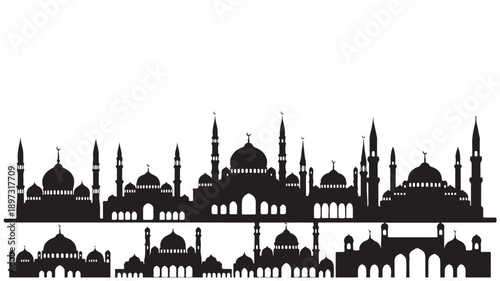 Mosque Silhouette with Domes and Minarets in Minimalist Style with Black and White Color Scheme on Isolated White Background for Architectural Illustration