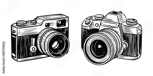 Vintage and Modern Cameras: A Black and White Illustration