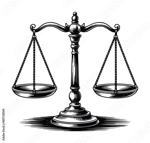 Vintage Black and White Illustration of a Justice Scale