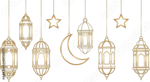 Elegant golden ramadan lanterns and islamic symbols hanging on a white background