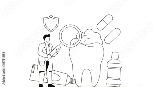Dentist examining tooth with magnifying glass and dental hygiene products nearby