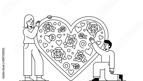 Couple holding large heart with roses and flowers together in love