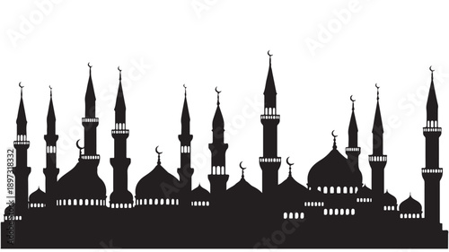 Mosque Silhouette with Minarets and Domes in Minimalist Style with Black and White Color Scheme on Plain White Background for Islamic Architecture