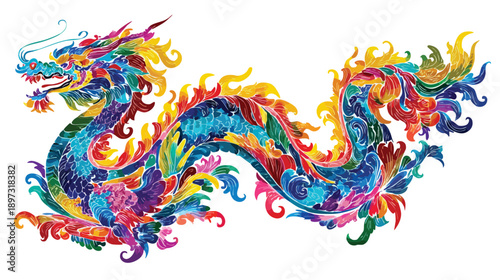 Colorful Chinese Dragon Pair In Dynamic Motion.