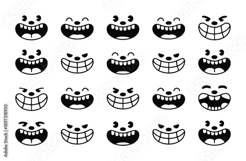 Collection of cartoon faces with various expressions and big smiles