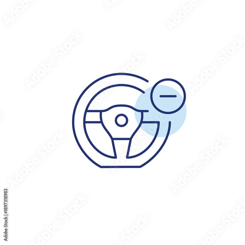 Steering wheel and minus symbol. Ride cancelled, car control deleted. Pixel perfect, editable stroke vector icon