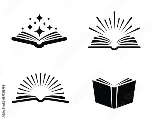 Collection of four stylized open book icons with symbolic elements