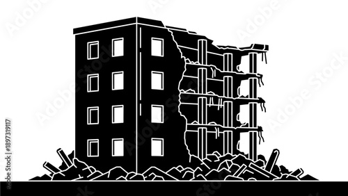 Damaged building with rubble and debris after an intense destruction event