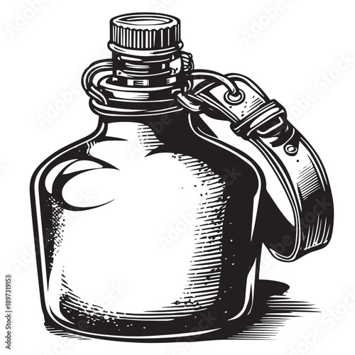 Vintage canteen water bottle with leather strap rendered in black and white line art, a retro graphic element for outdoor adventure and camping themes, isolated on white