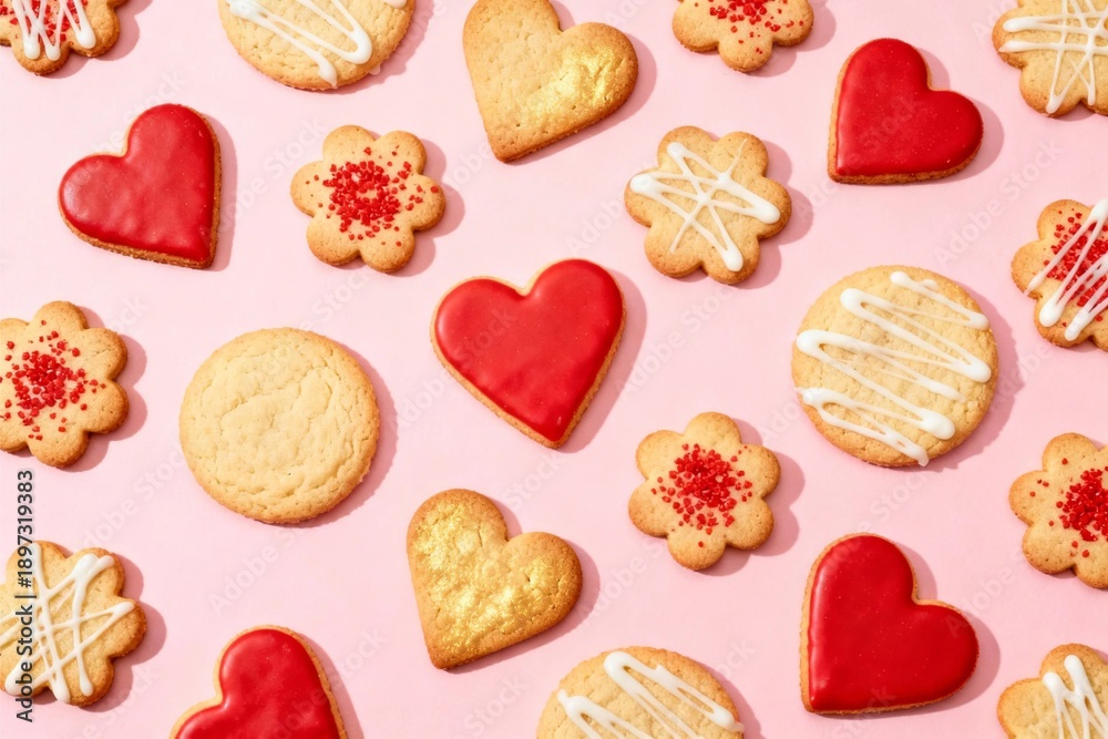 Fototapeta premium Heart-shaped Valentine cookies with pink icing, baked pastry dessert for February celebration, romantic food concept, love symbol, gourmet homemade treat on table