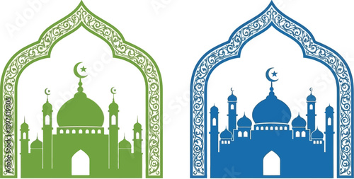  Green Islamic Mosque silhouette with ornamental arch and minarets for Ramadan decoration.