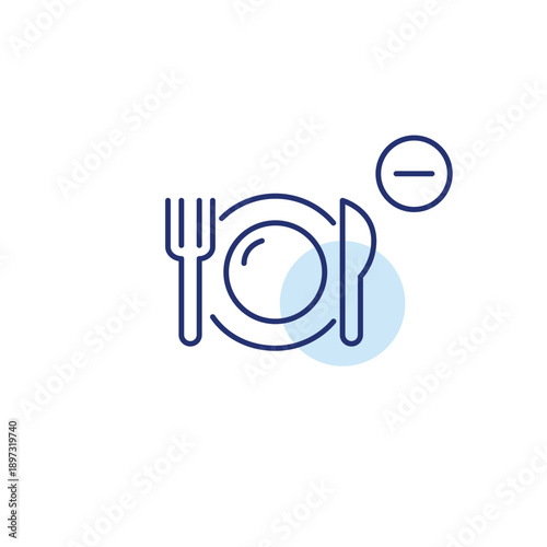 Dish, fork and knife with minus symbol. Meal removed, order cancelled. Pixel perfect, editable stroke vector icon