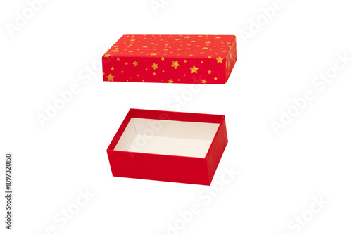 A Red Gift Box with Gold stars is Isolated White Background Cutout