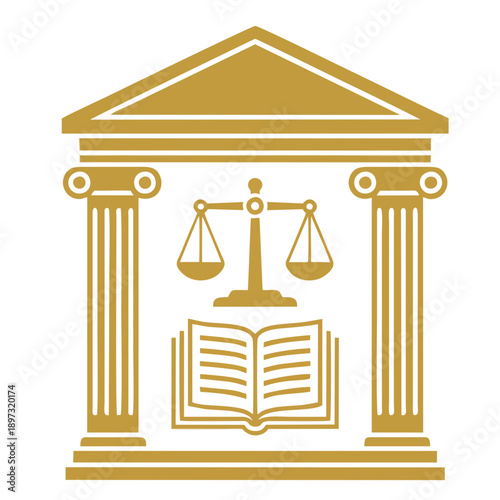Golden icon representing law, justice, and legal education, with classical architectural elements, a balance scale, and an open book