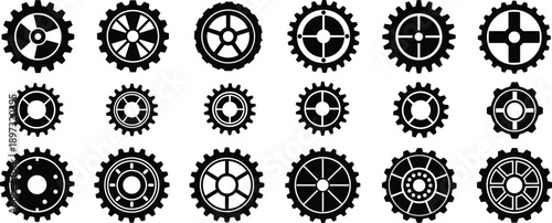 Industrial gear icons set, mechanical cogwheels collection, engineering machinery symbols, technology teamwork concept, black vector silhouettes, isolated white background