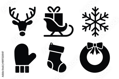 Christmas Icons: Reindeer, Sleigh, Snowflake, Mitten, Stocking