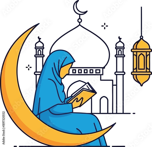  Muslim woman reading holy Quran sitting on crescent moon with mosque background, Ramadan Kareem concept vector.