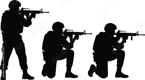 Military soldier silhouettes, armed tactical squad, modern infantry training, security defense concept, rifle aiming team, isolated white background illustration, vector