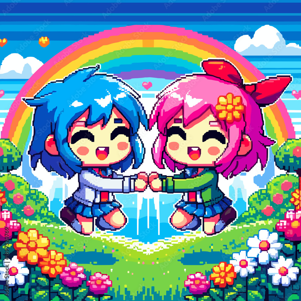 Fototapeta premium Two cute pixelated characters holding hands under a colorful rainbow amidst flowers in a cheerful landscape