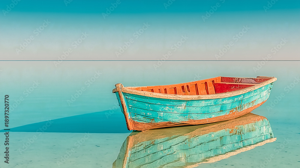 Obraz premium Lonely Turquoise Wooden Boat on Calm Water Reflection