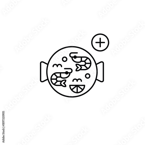 Shrimp paella and plus symbol. Menu expansion, new items needed. Pixel perfect, editable stroke vector icon