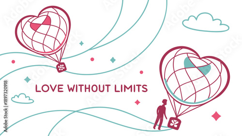 Man in love with heart shaped hot air balloons flying