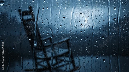 Rainy day scene through window with water drops and silhouette of rocking chair, capturing a calm and reflective mood.