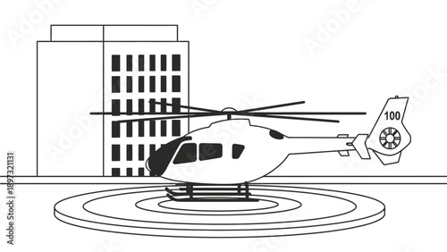 A cartoon helicopter on a helipad in front of a city building