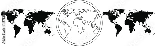 World map silhouette illustration, global geography concept, earth continents outline, international travel, worldwide business, black and white map, isolated design