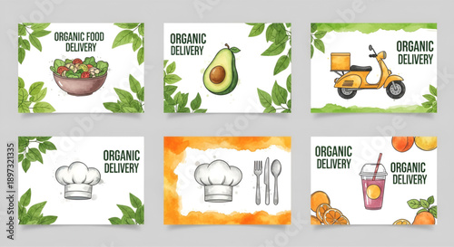 Six vibrant organic food delivery themed cards with watercolor illustrations and fresh green leaves.