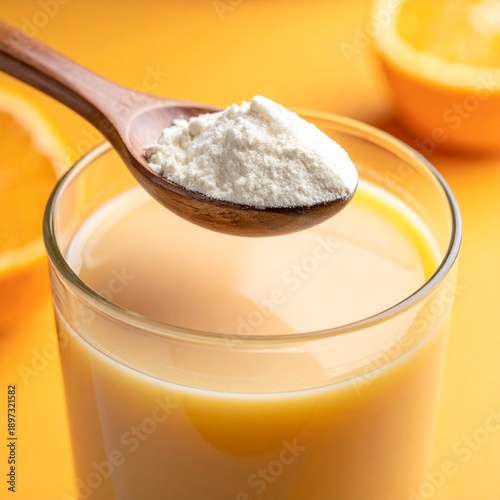 Orange juice with spoon of protein or collagen. Food supplement concept