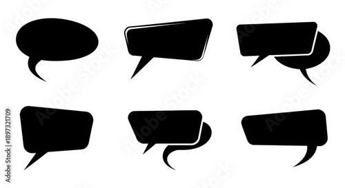 Collection of six black silhouette speech bubble and chat box shapes with distinct styles.