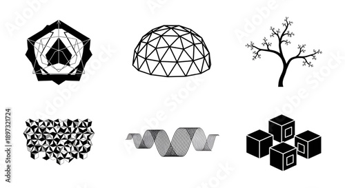 Complex black and white geometric pentagonal shape with layered internal structures.