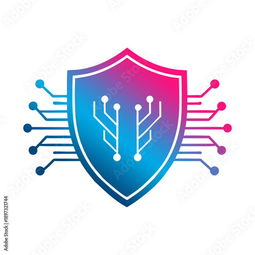 Digital Fortress: A vibrant shield illustration symbolizing cybersecurity, featuring a circuit board design at the core, is a visual representation of secure digital realm. 