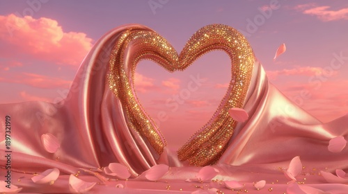 Heart Shape Formed With Pink Silk and Golden Glitter Decor