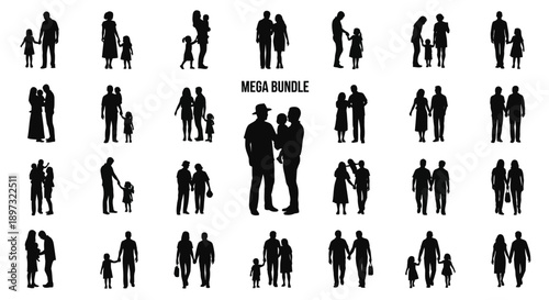 Collection of black silhouettes of people in various poses and relationships on white background