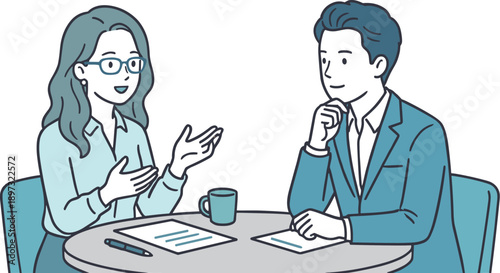 相談しながら話し合う男女二人のイラスト_ビジネス・対話・コミュニケーション