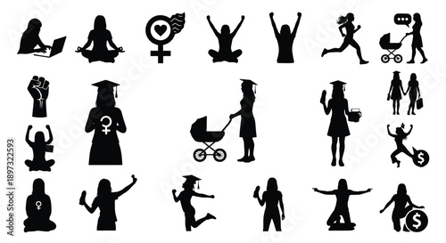 Collection of black silhouettes depicting people in various activities and professions on white background