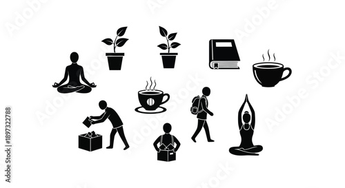 Flat design icons depicting daily routines and mindfulness including meditation work life balance and relaxation