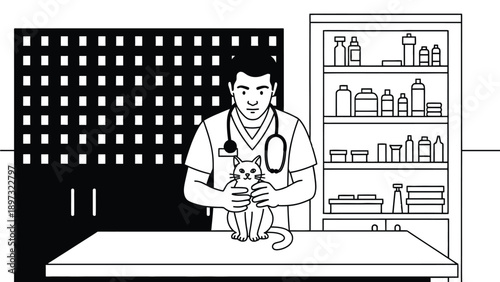 Veterinarian holding white cat on examination table in clinic office