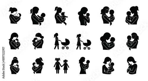 Black silhouettes of mothers and children parenting icons family symbols childcare illustrations motherhood graphics