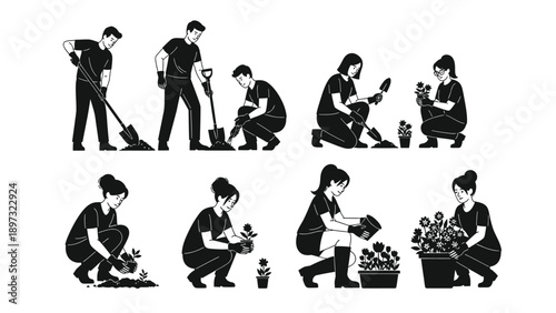 People gardening and planting flowers in the ground with shovels and tools