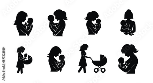 Mother and baby silhouettes various poses black icons parenting illustrations family symbols