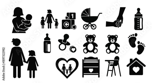Black and white illustration icons for newborn baby care and parenting concept