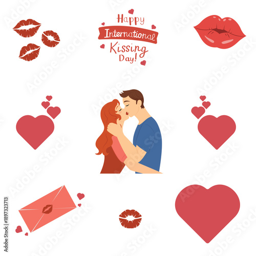 International Kissing Day. Sticker set. On a transparent background. Valentine's Day.