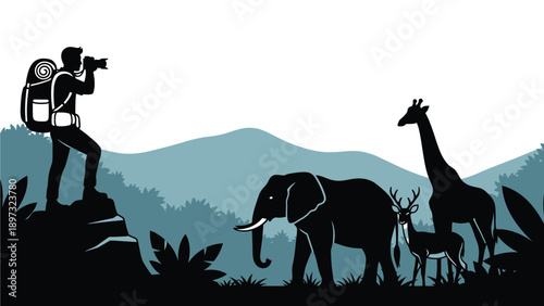 Silhouette of photographer taking picture of elephant, giraffe and deer in savannah